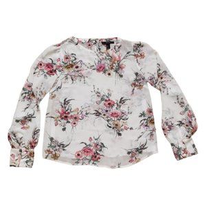 Forever 21 Women Size Small White Pink Floral Sheer Long Sleeve Blouse